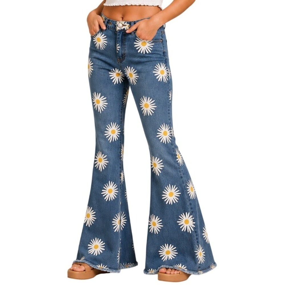 Altar'd State Light Wash Daisy Print Flare Bell Bottom Jeans Women's Large